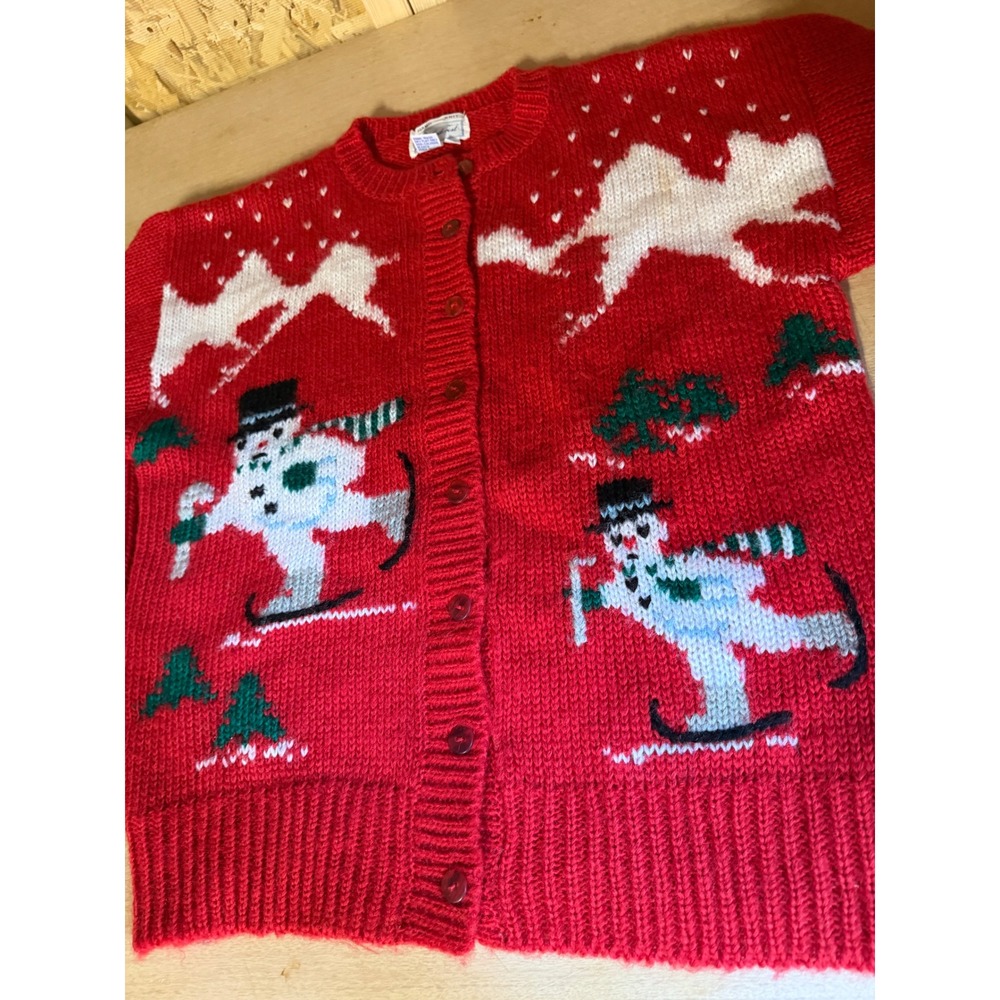 Windcrest Vintage Hand Knit Skiing Snowman Christmas Cardigan Sweater Red Medium